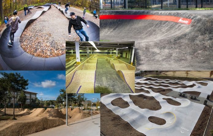 pump track, pista pump, bombeo, asfalto, tierra, cemento, fibra de vidrio, madera